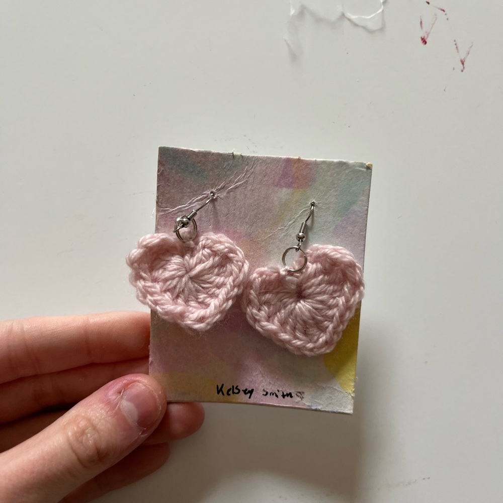 Pink crocheted heart earrings